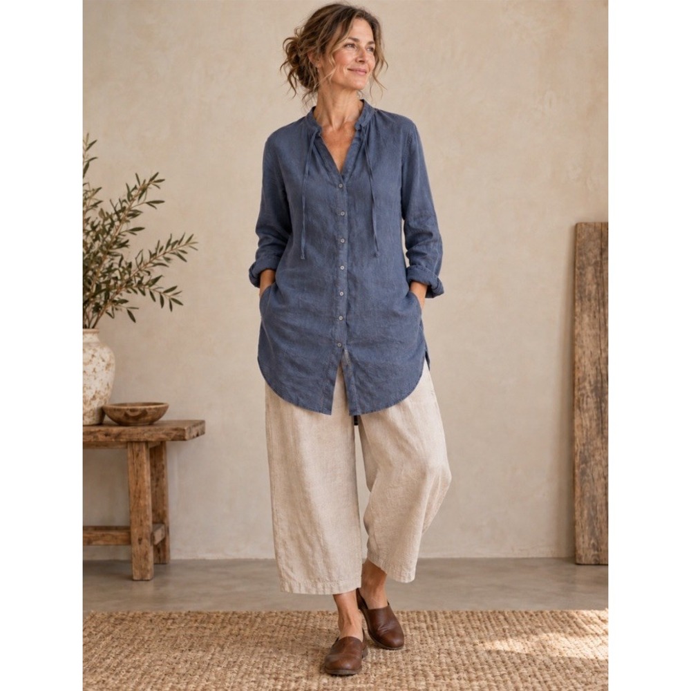 Peruvian Connection Dove Linen Tunic Size 14 Navy Tie Neck Long Sleeve Button Up